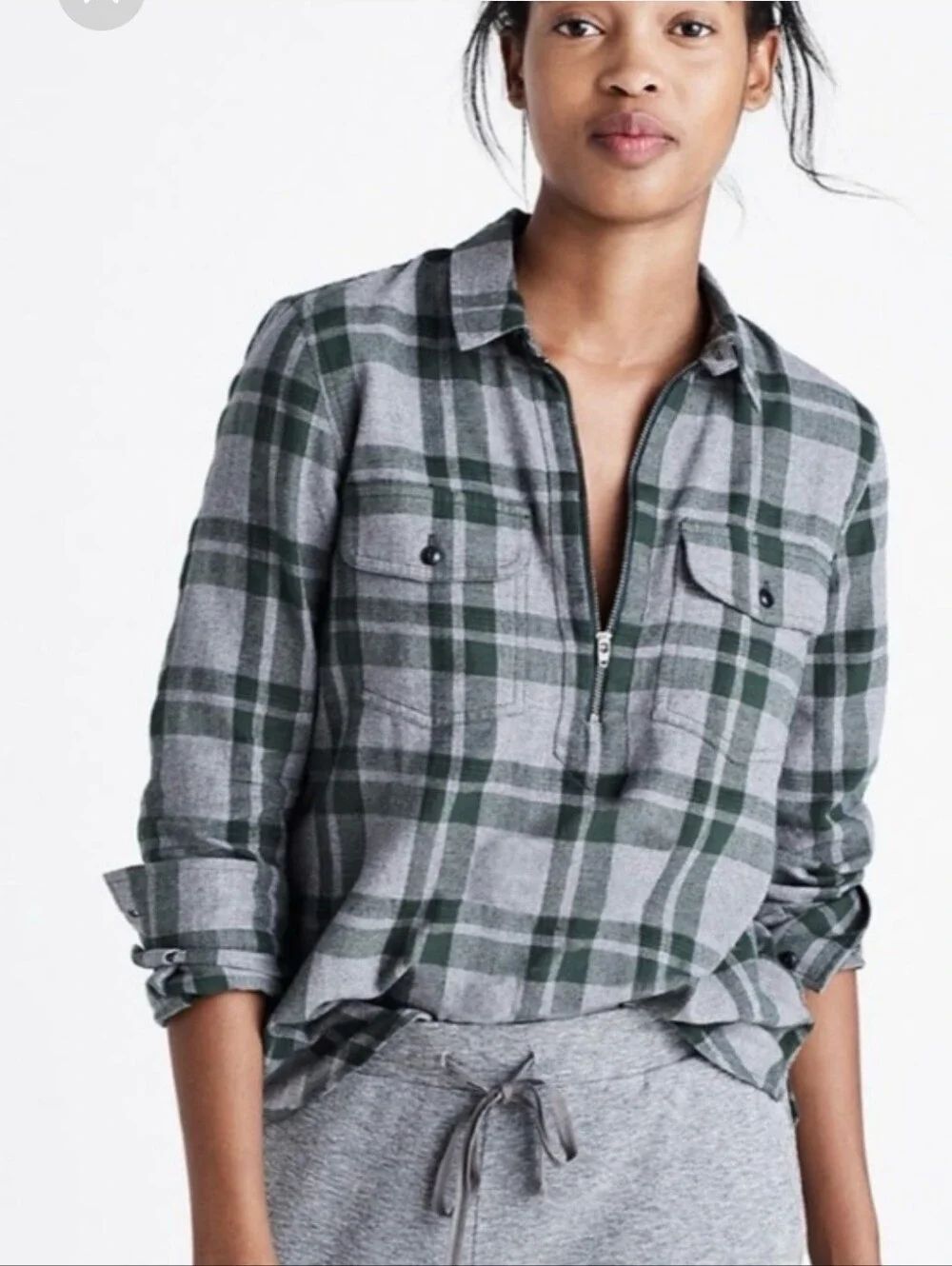 Madewell Gray and Green Plaid Half-Zip Flannel Top XS